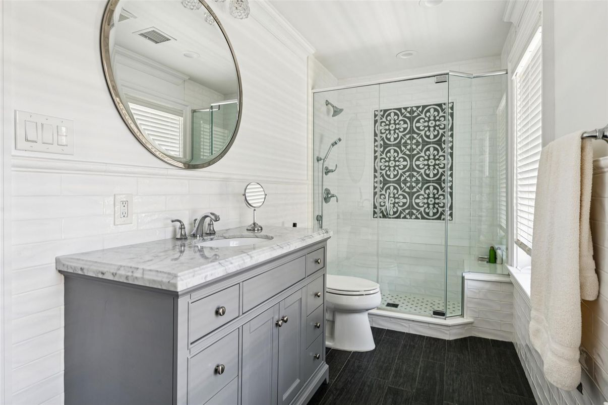 Bathroom, Glass Shower, Interior, Recessed Lighting, Wood Texture Flooring