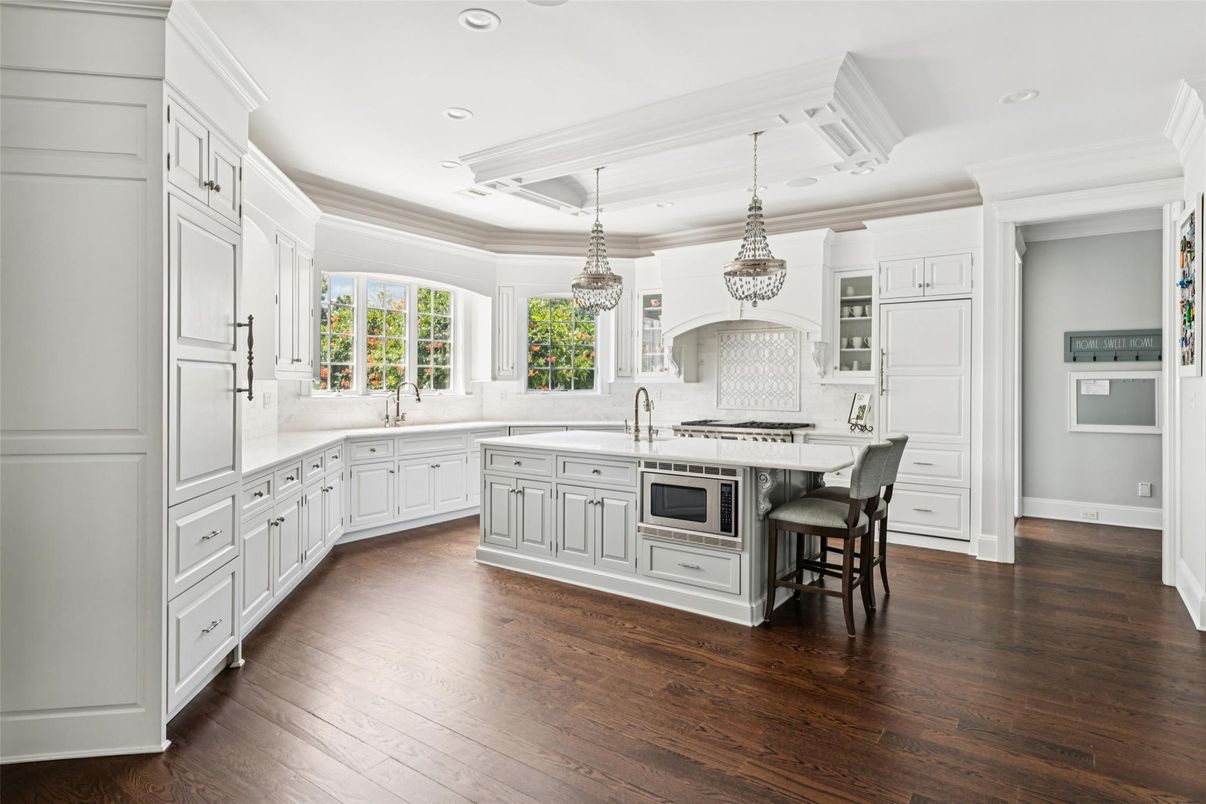 Chandelier, Interior, Kitchen, Pendant Lights, Recessed Lighting, Wood Texture Flooring
