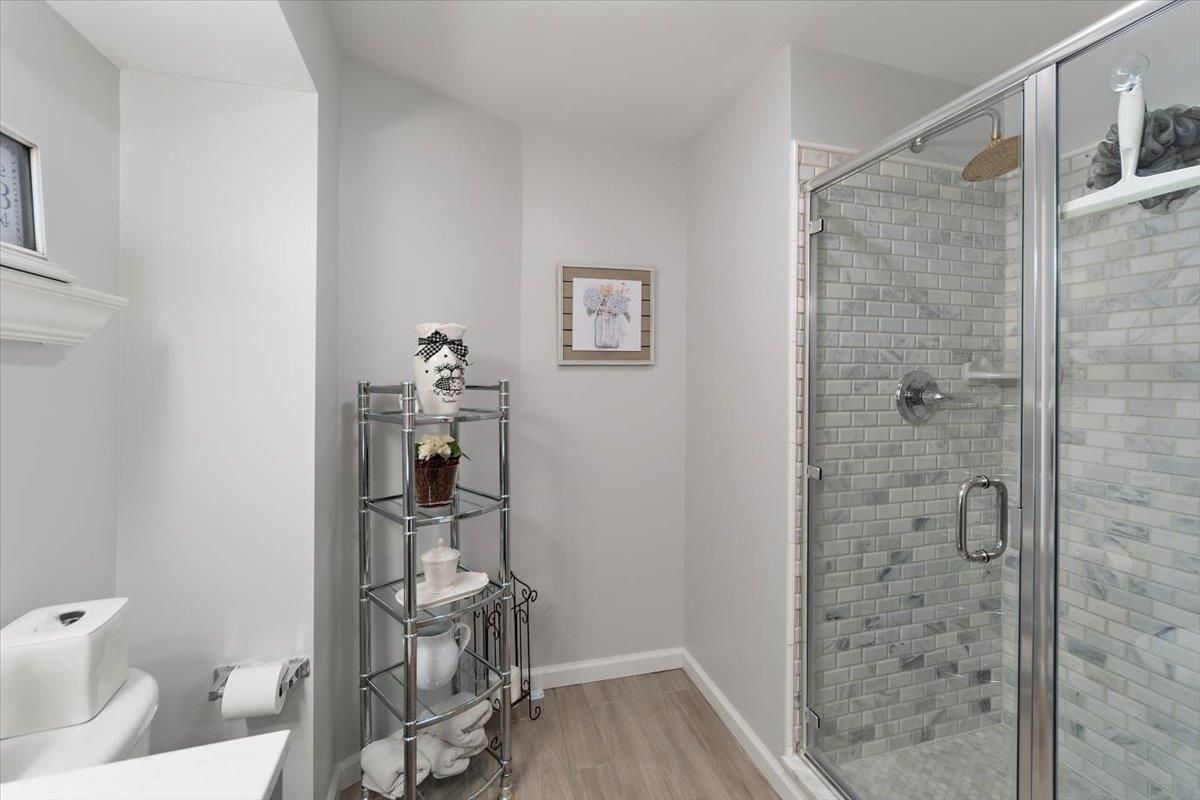 Bathroom, Glass Shower, Interior, Wood Texture Flooring