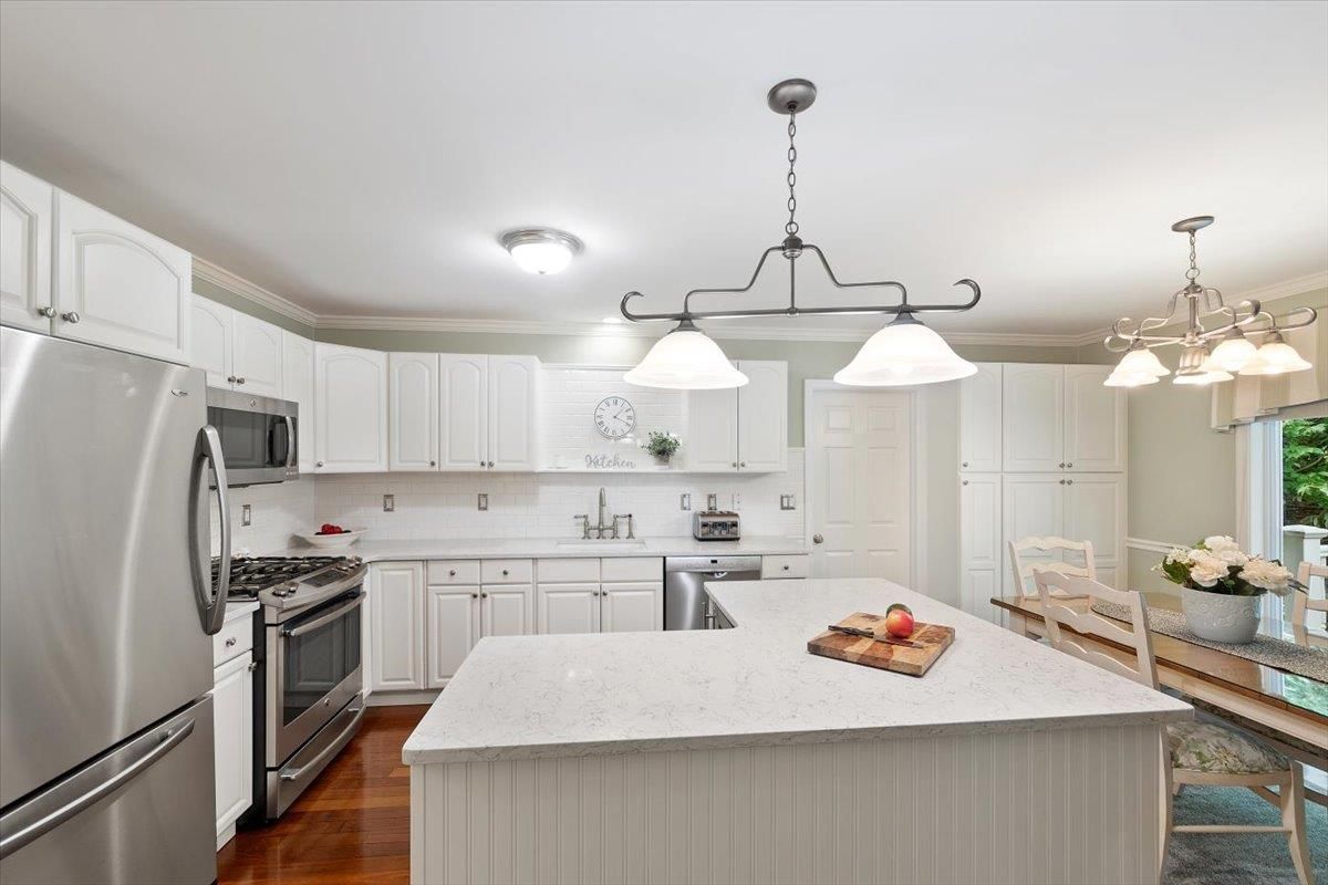 Chandelier, Interior, Kitchen, Pendant Lights, Stainless Steel Appliances, Wood Texture Flooring