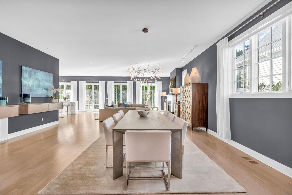 Dining room, Interior, Pendant Lights, Wood Texture Flooring