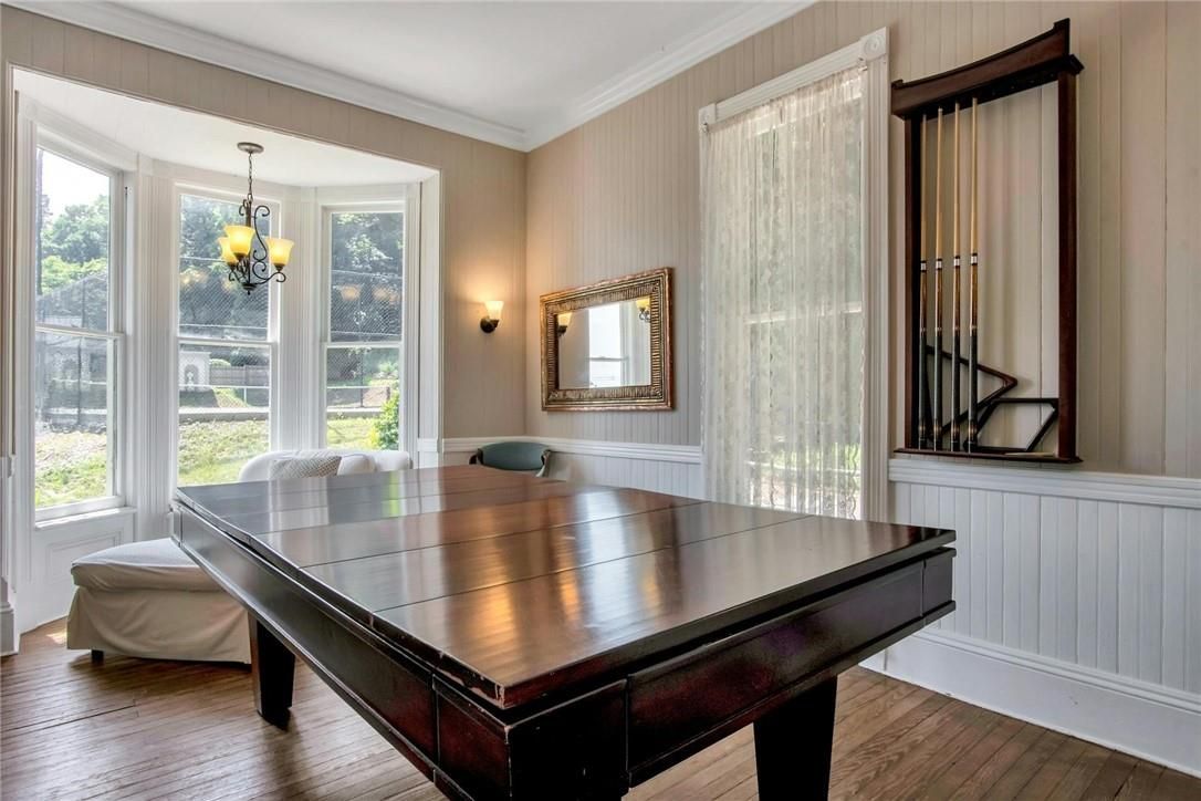 Dining room, Interior, Pendant Lights, Wood Texture Flooring