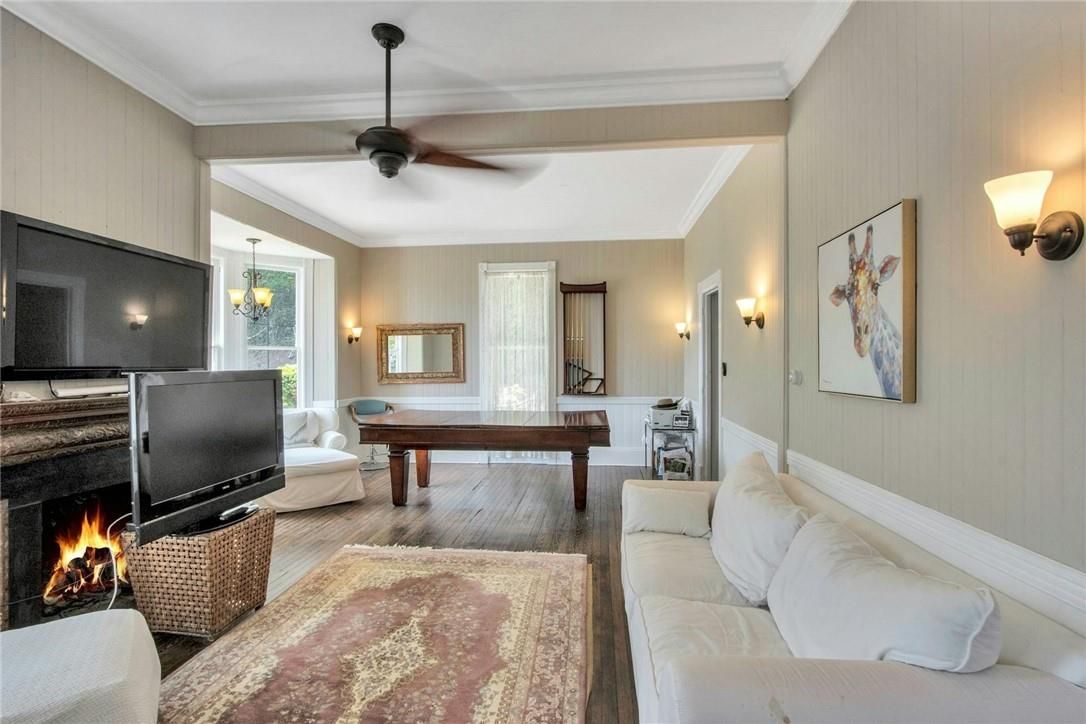 Billiard Table, Fireplace, Interior, Living room, Pendant Lights, Wood Texture Flooring