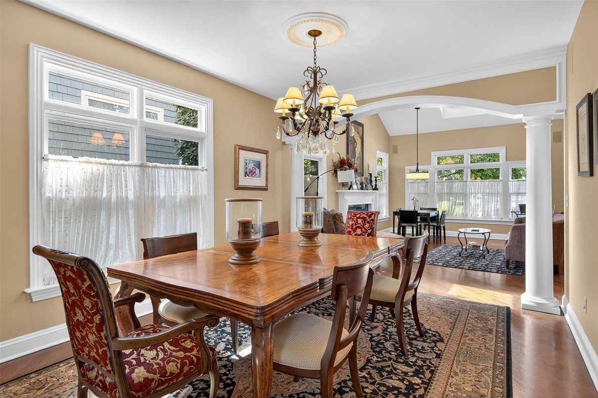 Chandelier, Dining room, Fireplace, Interior, Living room, Pendant Lights, Wood Texture Flooring