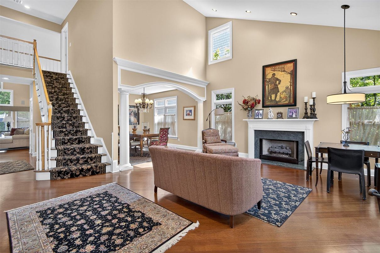 Chandelier, Dining room, Fireplace, Interior, Pendant Lights, Recessed Lighting, Wood Texture Flooring
