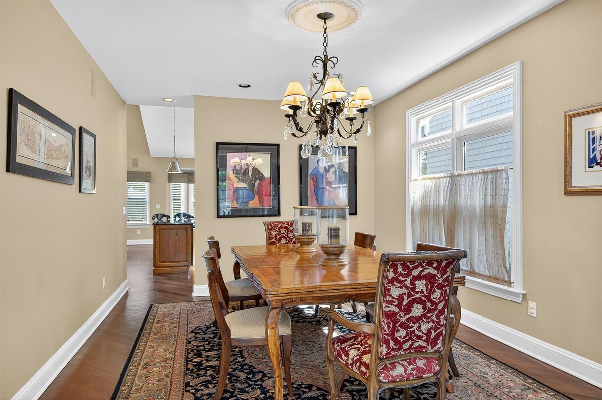 Chandelier, Dining room, Interior, Pendant Lights, Recessed Lighting, Wood Texture Flooring
