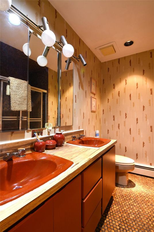 Bathroom, Dual Sink Vanities, Interior, Recessed Lighting, Wooden Walls