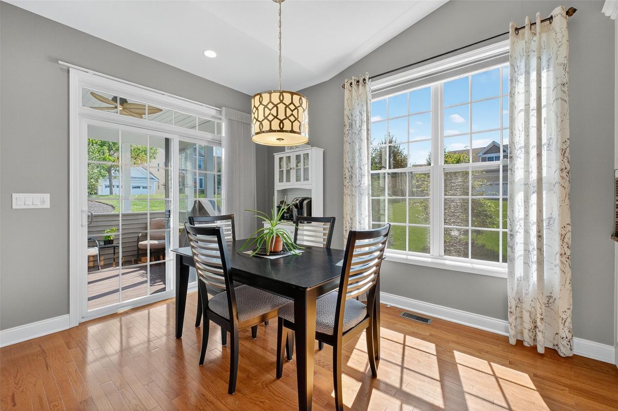 Dining room, Interior, Pendant Lights, Recessed Lighting, Wood Texture Flooring