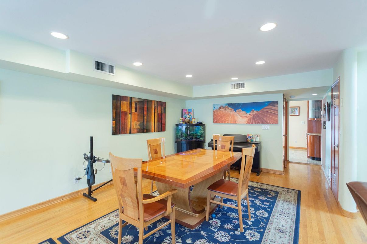 Dining room, Interior, Recessed Lighting, Wood Texture Flooring