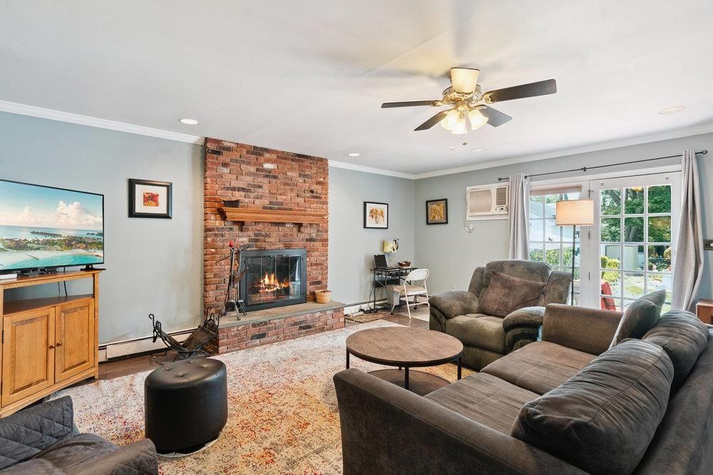 Fireplace, Interior, Living room, Recessed Lighting, Stone Walls