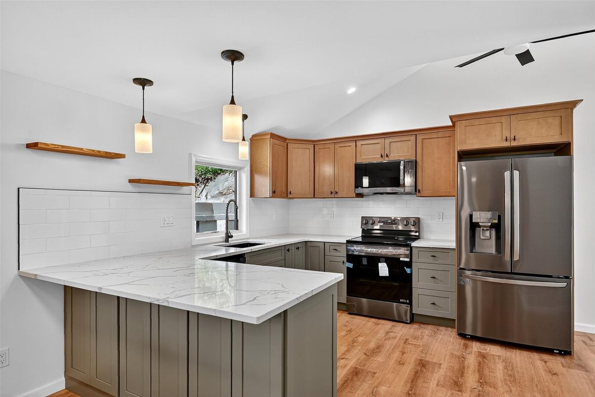 Interior, Kitchen, Pendant Lights, Recessed Lighting, Stainless Steel Appliances, Wood Texture Flooring