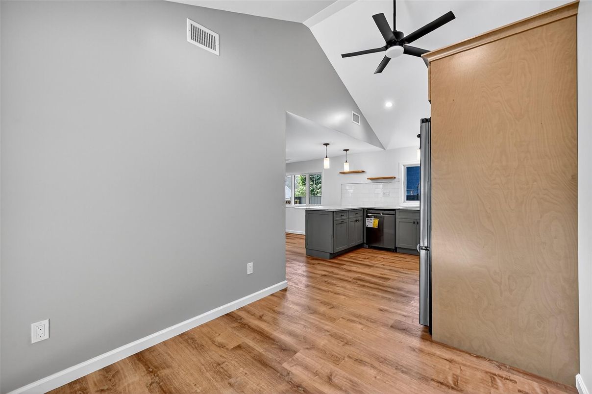 Interior, Kitchen, Pendant Lights, Recessed Lighting, Wood Texture Flooring