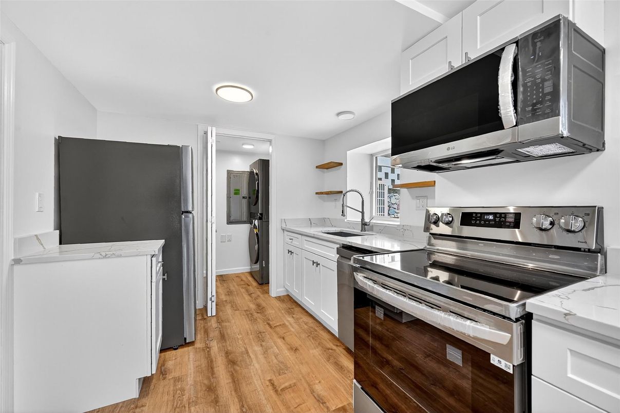 Interior, Kitchen, Recessed Lighting, Stainless Steel Appliances, Wood Texture Flooring