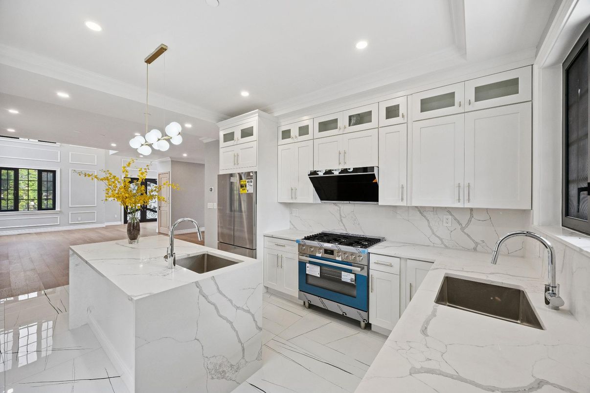 Interior, Kitchen, Marble, Pendant Lights, Recessed Lighting, Stainless Steel Appliances, Wood Texture Flooring