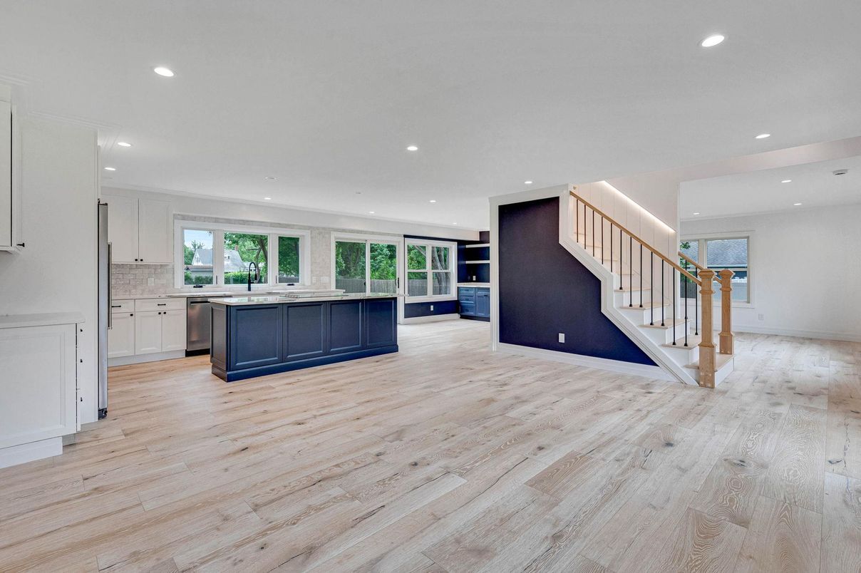 Empty room, Interior, Kitchen, Recessed Lighting, Wood Texture Flooring