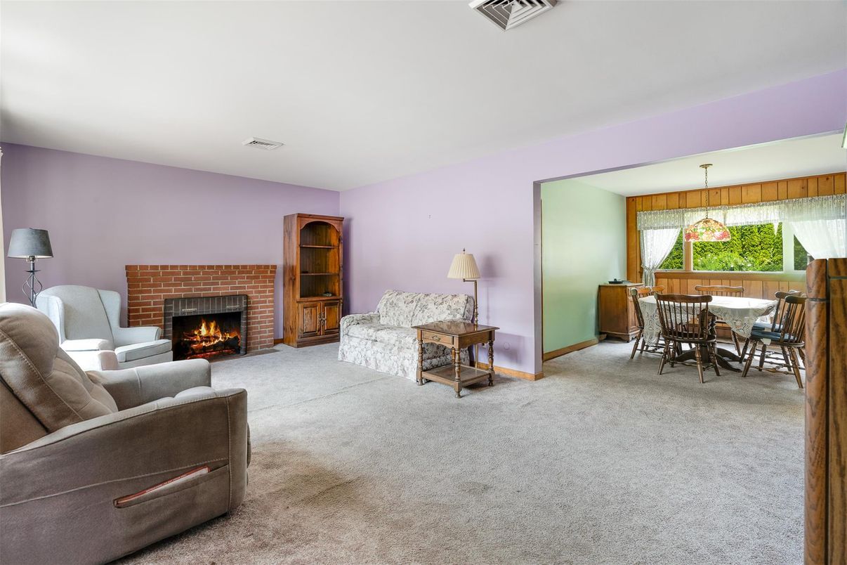 Dining room, Fireplace, Interior, Living room, Pendant Lights