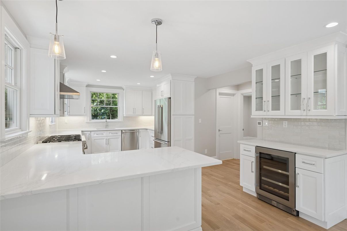 Interior, Kitchen, Pendant Lights, Recessed Lighting, Stainless Steel Appliances, Wood Texture Flooring