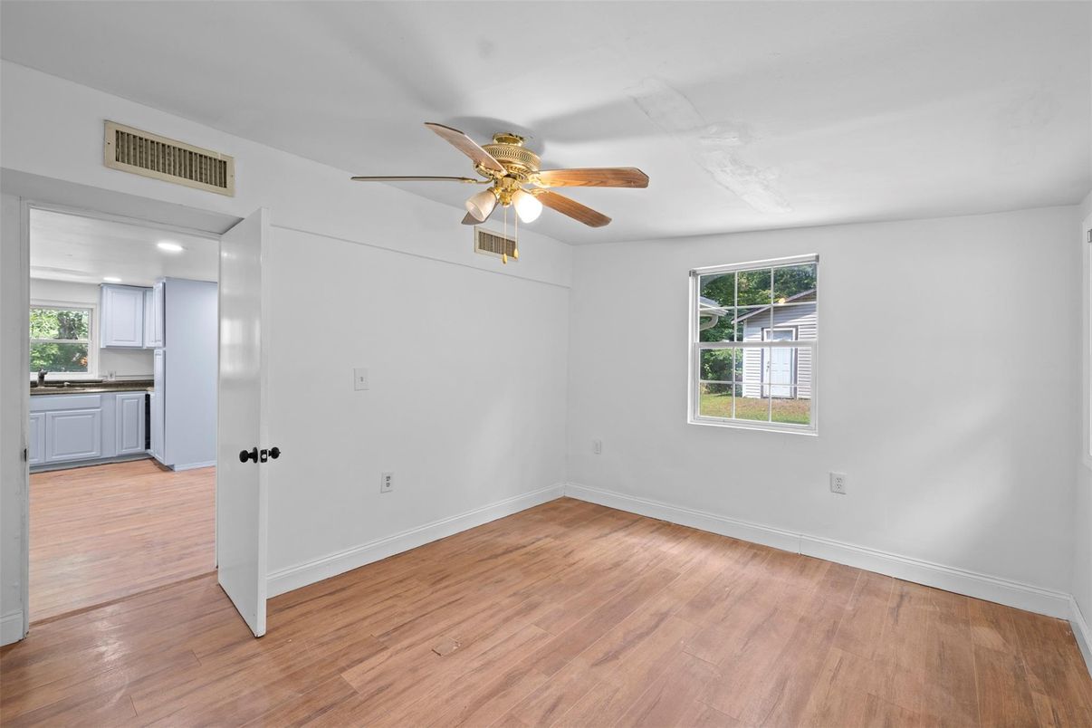 Empty room, Interior, Kitchen, Recessed Lighting, Wood Texture Flooring