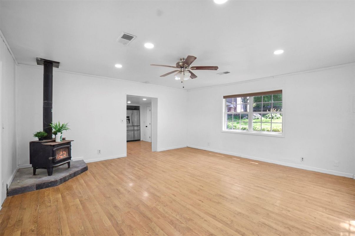 Empty room, Fireplace, Interior, Recessed Lighting, Wood Texture Flooring