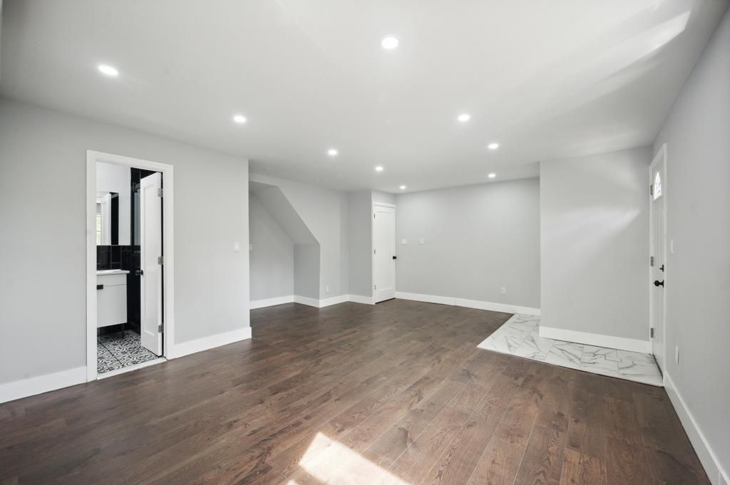 Bathroom, Empty room, Interior, Marble, Recessed Lighting, Wood Texture Flooring