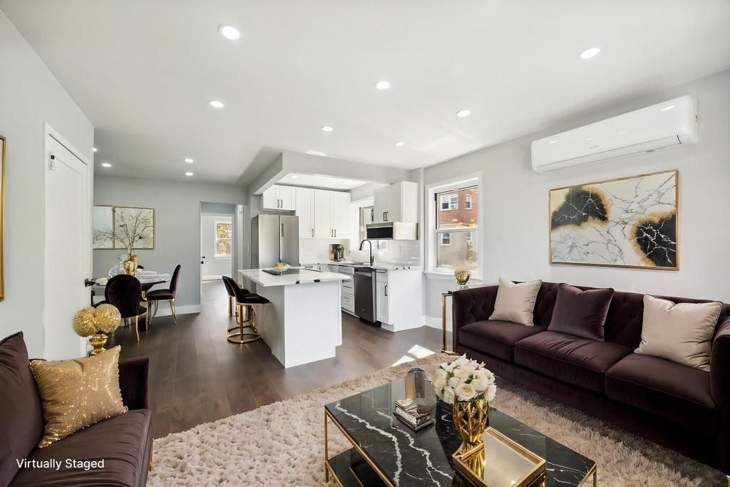 Dining room, Interior, Kitchen, Living room, Recessed Lighting, Stainless Steel Appliances, Wood Texture Flooring
