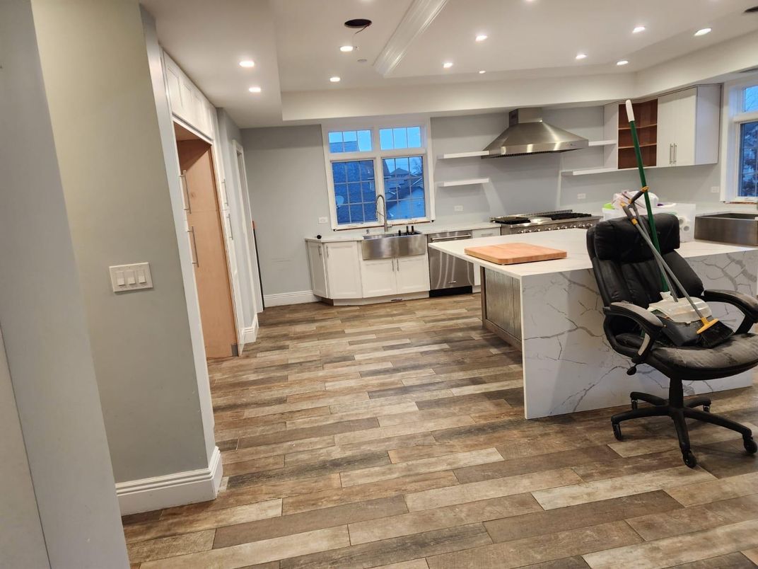 Interior, Kitchen, Recessed Lighting, Stainless Steel Appliances, Wood Texture Flooring