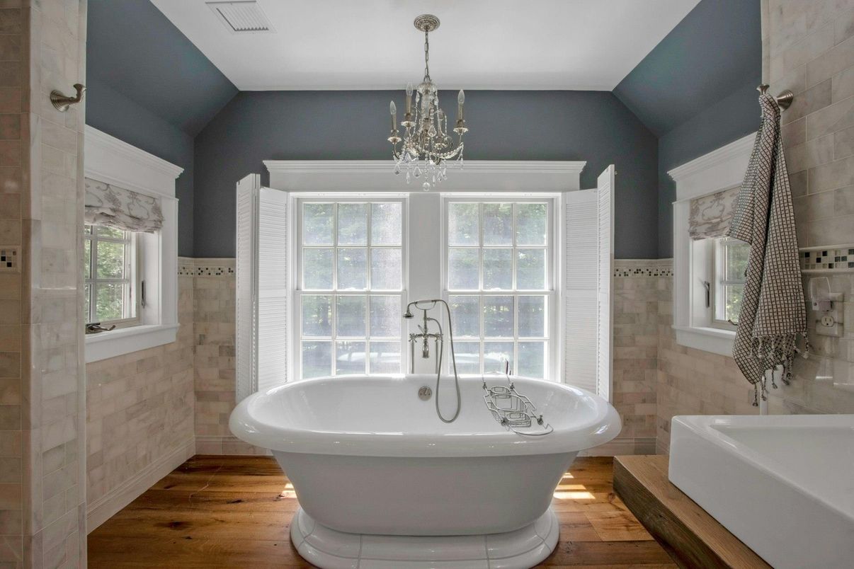 Bathroom, Chandelier, Free Standing Baths, Interior, Wood Texture Flooring