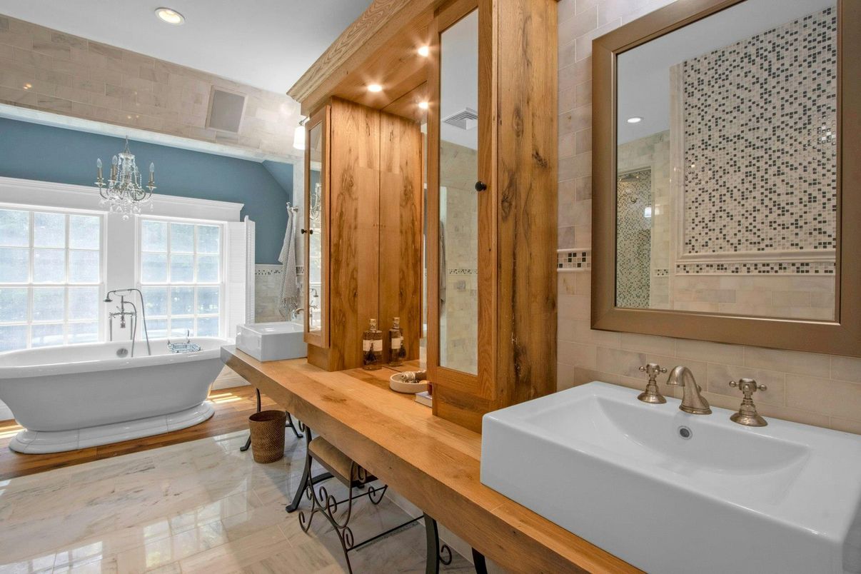 Bathroom, Dual Sink Vanities, Free Standing Baths, Interior, Recessed Lighting, Wooden Walls