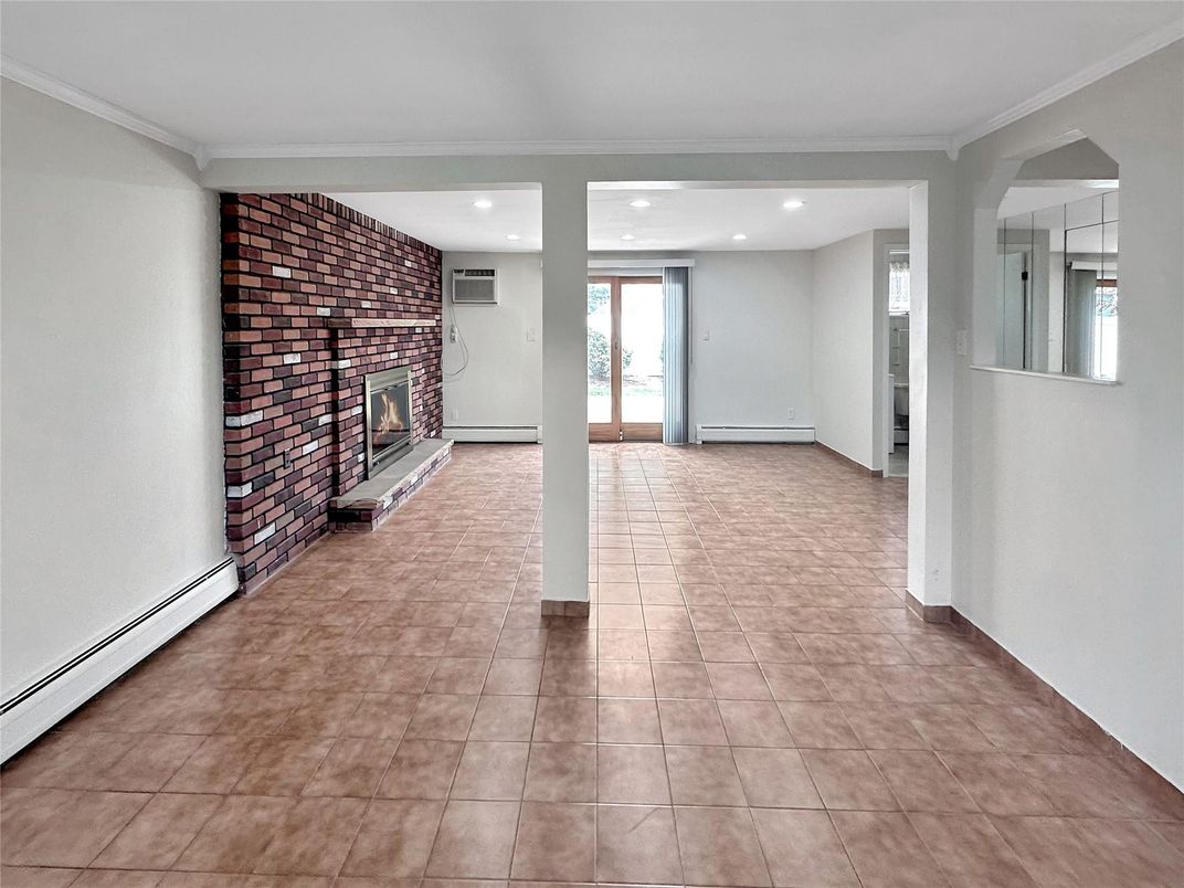 Empty room, Fireplace, Interior, Recessed Lighting, Stone Walls