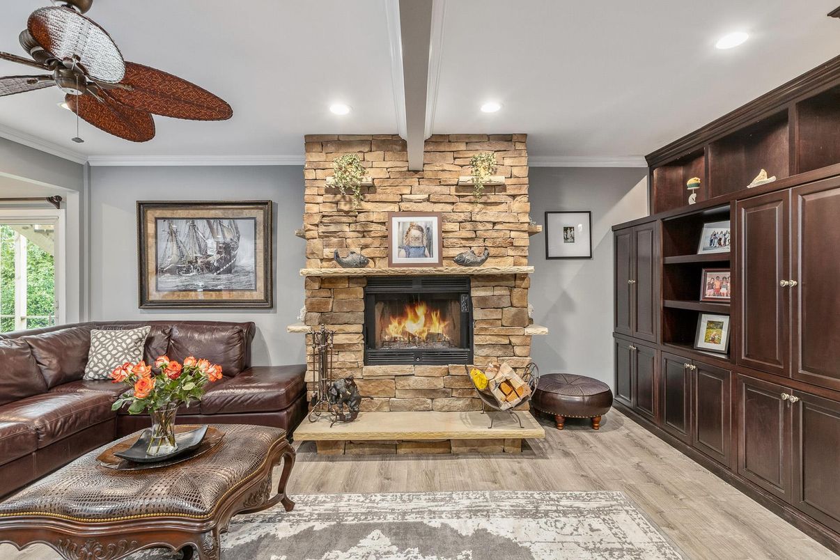 Fireplace, Interior, Living room, Recessed Lighting, Wood Texture Flooring