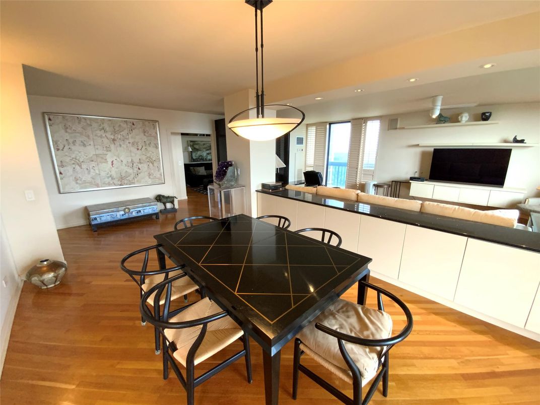 Dining room, Interior, Pendant Lights, Recessed Lighting, Wood Texture Flooring