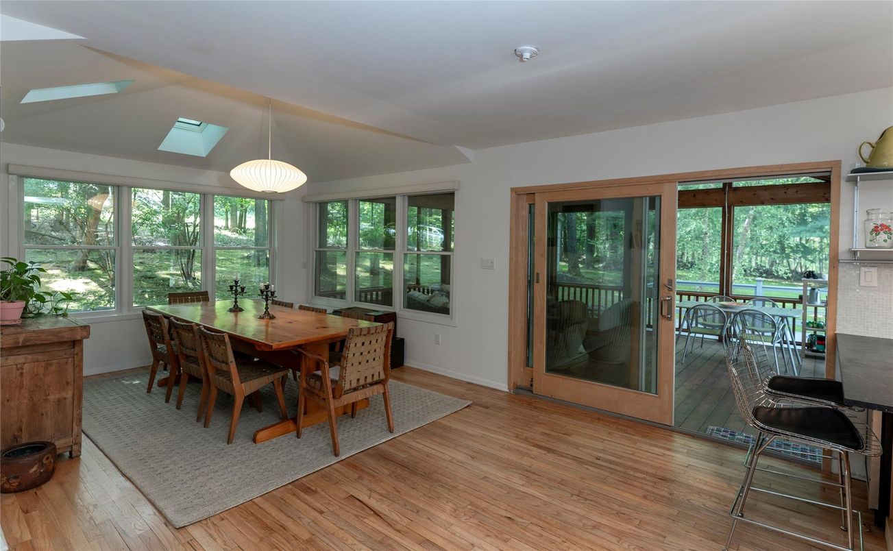 Dining room, Interior, Pendant Lights, Wood Texture Flooring