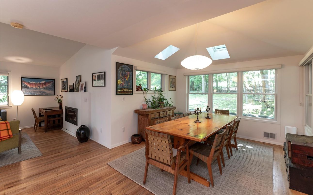 Dining room, Fireplace, Interior, Pendant Lights, Wood Texture Flooring