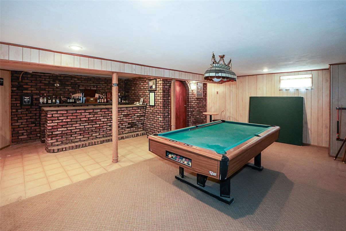 Billiard Table, Game Room, Interior, Recessed Lighting, Stone Walls