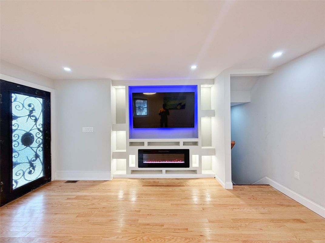 Fireplace, Interior, Recessed Lighting, Wood Texture Flooring