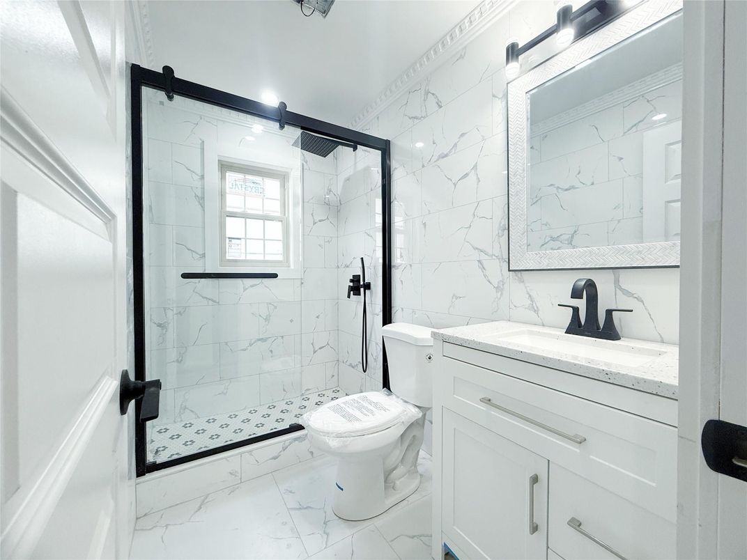 Bathroom, Glass Shower, Interior, Marble, Marble Walls, Recessed Lighting