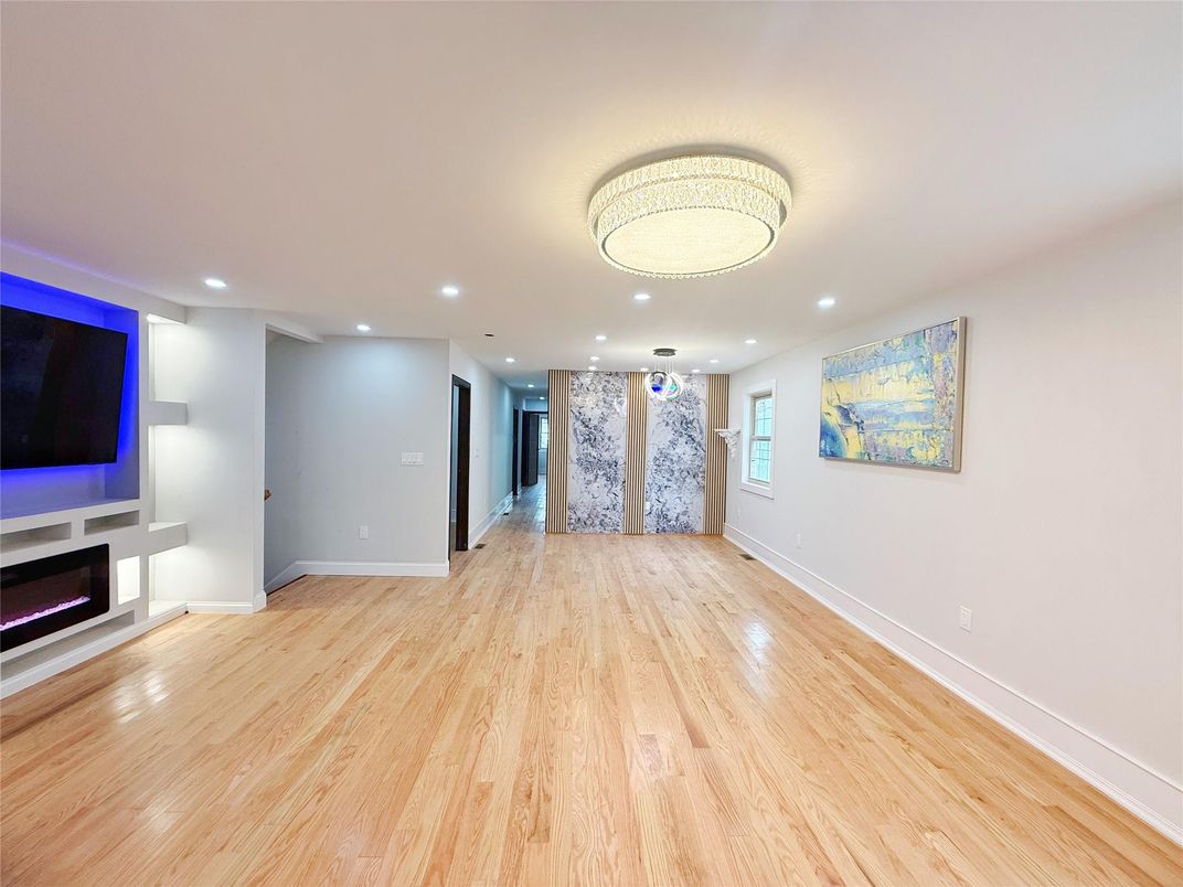 Empty room, Fireplace, Interior, Recessed Lighting, Wood Texture Flooring