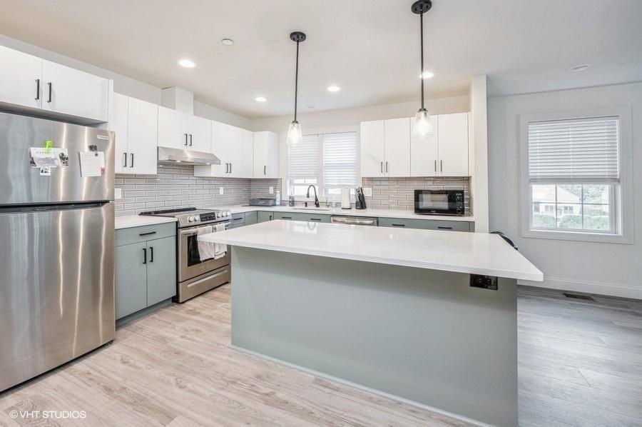Interior, Kitchen, Pendant Lights, Recessed Lighting, Stainless Steel Appliances, Wood Texture Flooring