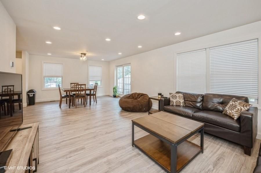 Dining room, Interior, Living room, Recessed Lighting, Wood Texture Flooring
