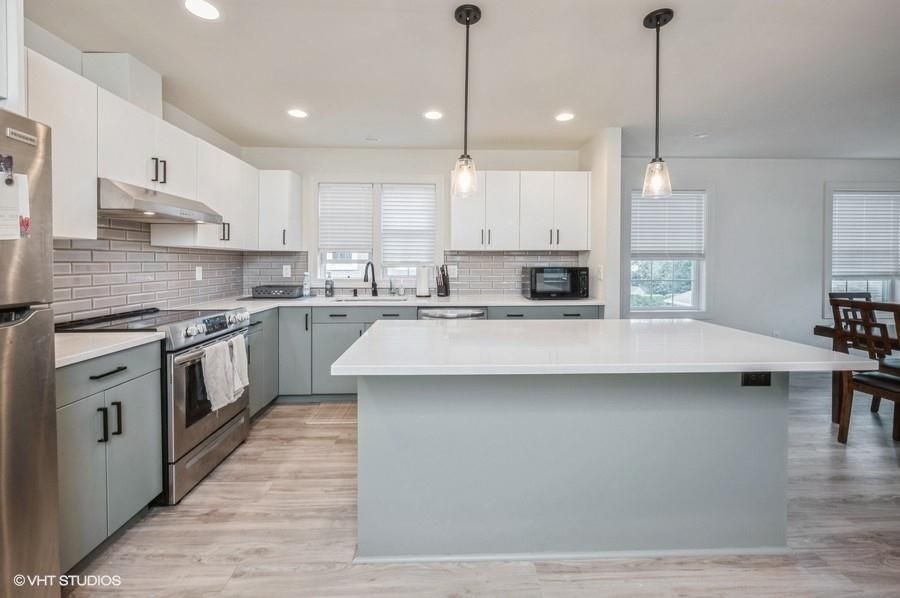 Interior, Kitchen, Pendant Lights, Recessed Lighting, Stainless Steel Appliances, Wood Texture Flooring