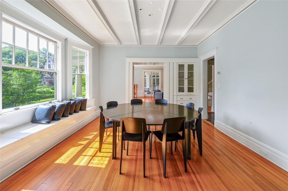 Dining room, Interior, Recessed Lighting, Wood Texture Flooring