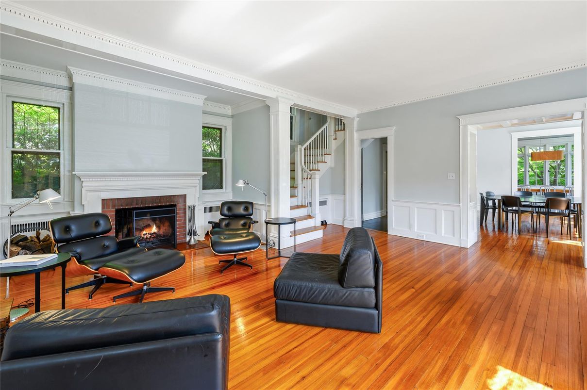 Dining room, Fireplace, Interior, Living room, Wood Texture Flooring
