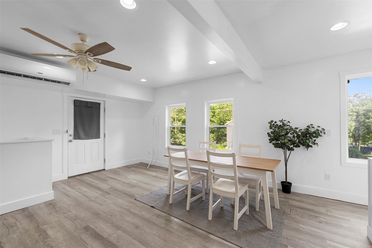 Dining room, Interior, Recessed Lighting, Wood Texture Flooring