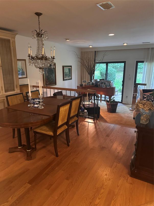 Chandelier, Dining room, Interior, Living room, Recessed Lighting, Wood Texture Flooring