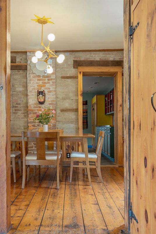 Dining room, Interior, Pendant Lights, Stone Walls, Wood Texture Flooring, Wooden Walls