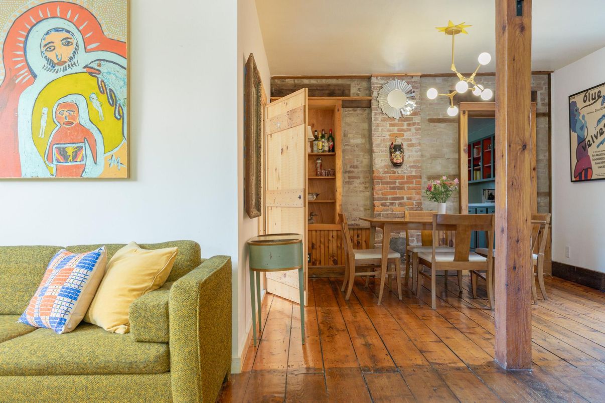 Dining room, Interior, Living room, Pendant Lights, Stone Walls, Wood Texture Flooring