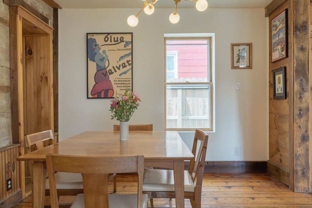 Dining room, Interior, Pendant Lights, Wood Texture Flooring