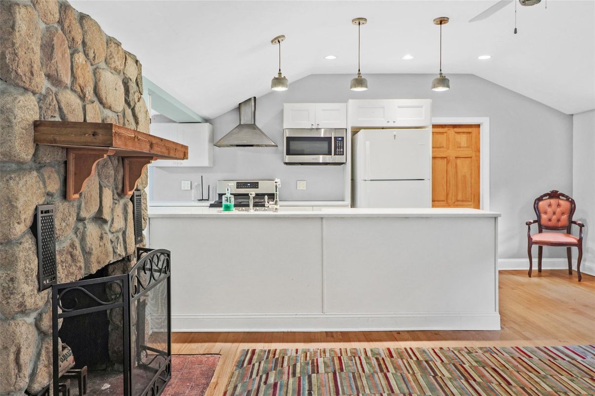 Interior, Kitchen, Pendant Lights, Recessed Lighting, Stone Walls, Wood Texture Flooring