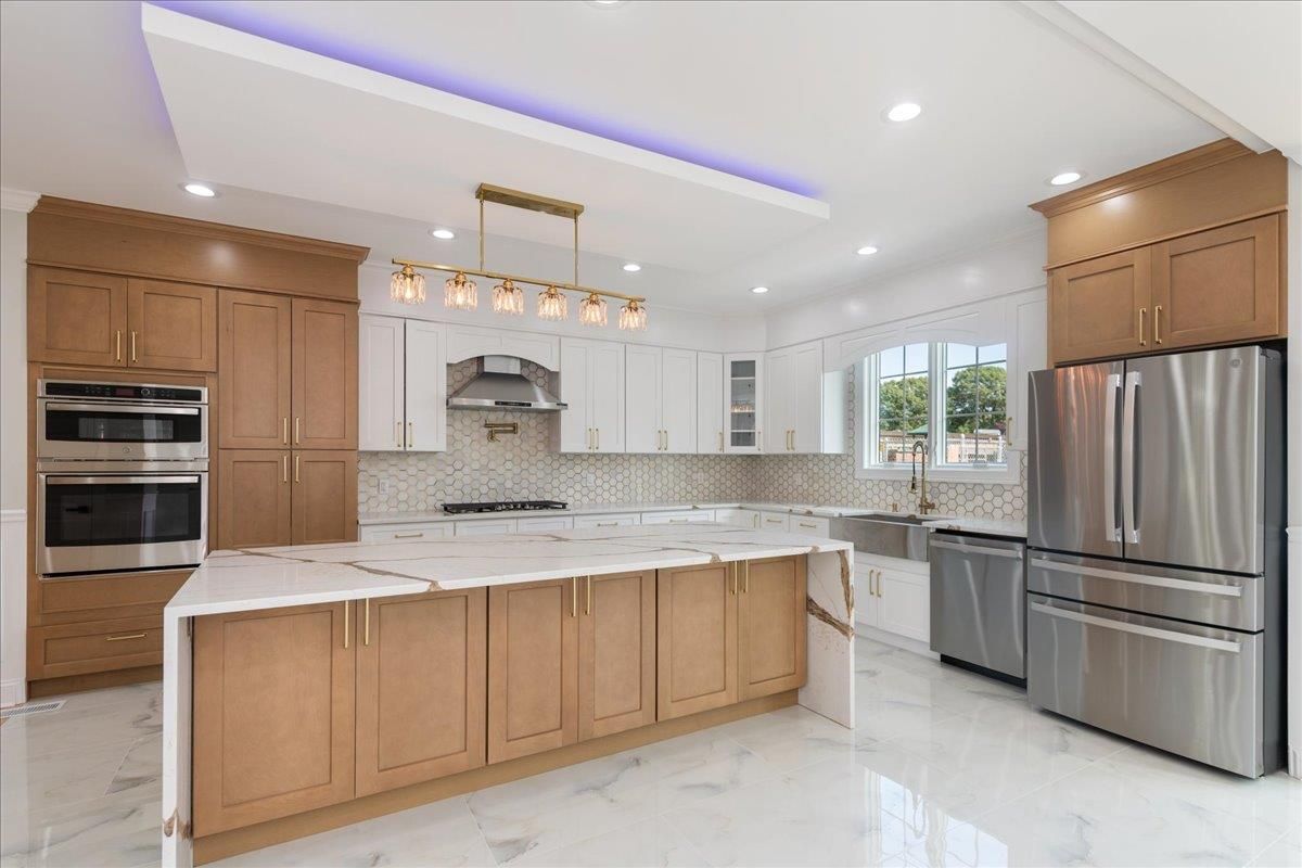 Interior, Kitchen, Marble, Pendant Lights, Recessed Lighting, Stainless Steel Appliances