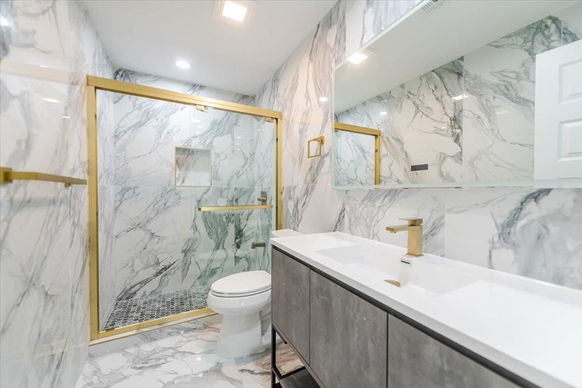 Bathroom, Glass Shower, Interior, Marble, Marble Walls, Recessed Lighting